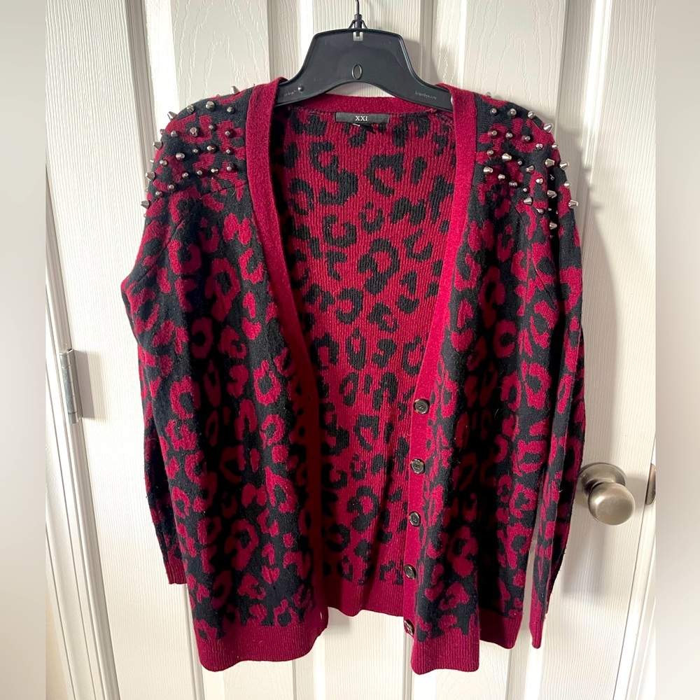 Maroon and black cheetah cardigan with studs